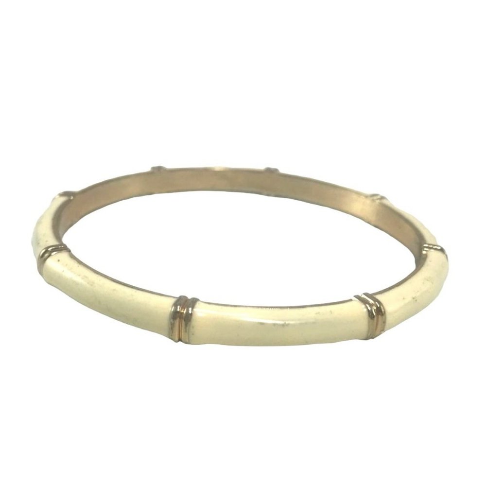 Elegant Slender Cream Enamel on Sectioned Gold Tone Metal Bangle Bracelet - Picture 2 of 3